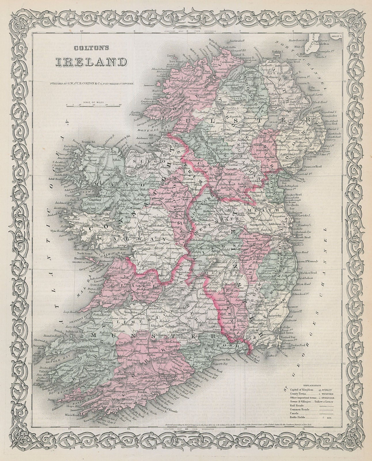 Colton's Ireland. Decorative antique map 1869 old plan chart